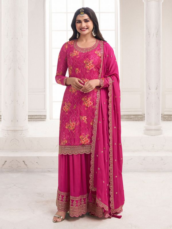 Rani Pink Zari Embroidered Salwar Suit With Palazzo Style