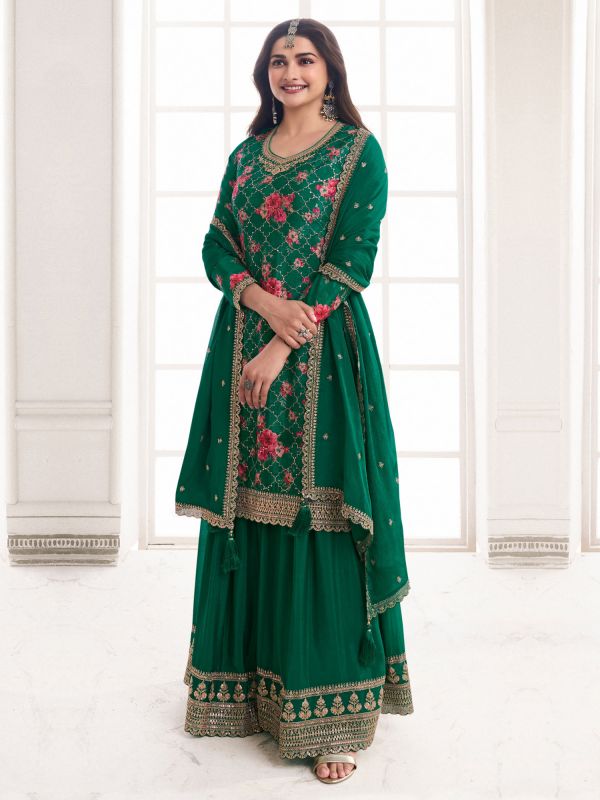 Deep Green Floral Printed Salwar Suit In Palazzo Style