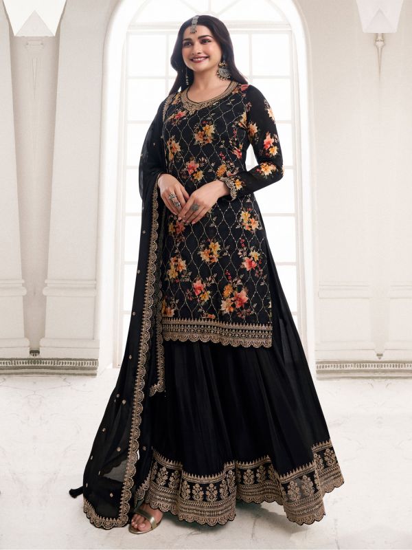 Black Palazzo Style Salwar Kameez In Chinon Silk With Floral Print