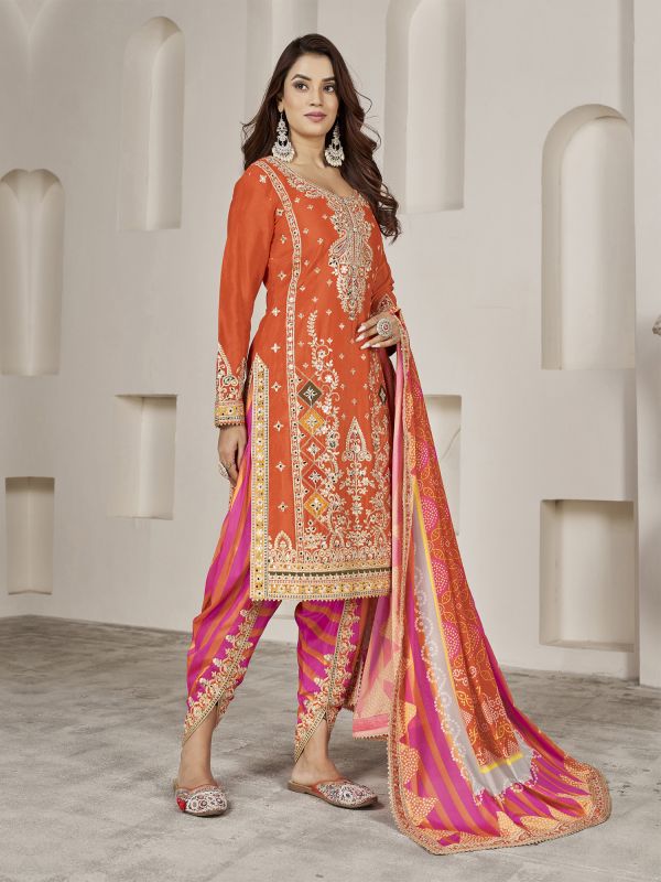 Orange Patiala Style Salwar Suit In Chinon Silk With Zari Embroidery