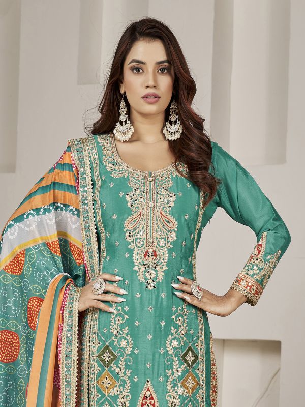 Turquoise Mirror Work Enhanced Punjabi Suit In Chinon Silk