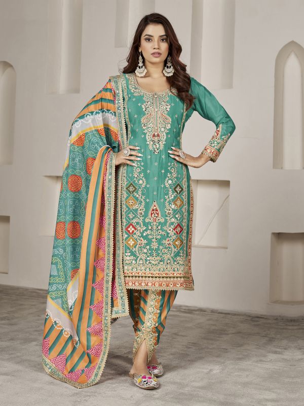 Turquoise Mirror Work Enhanced Punjabi Suit In Chinon Silk