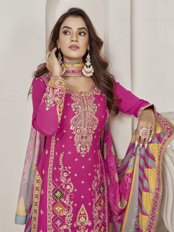 Pink Zari Embroidered Patiala Salwar Suit In Chinon Silk