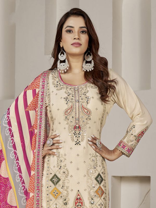 Cream Stone Augmented Chinon Silk Salwar Suit In Patiala Style