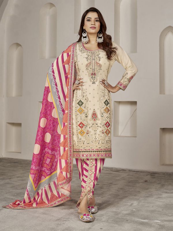 Cream Stone Augmented Chinon Silk Salwar Suit In Patiala Style