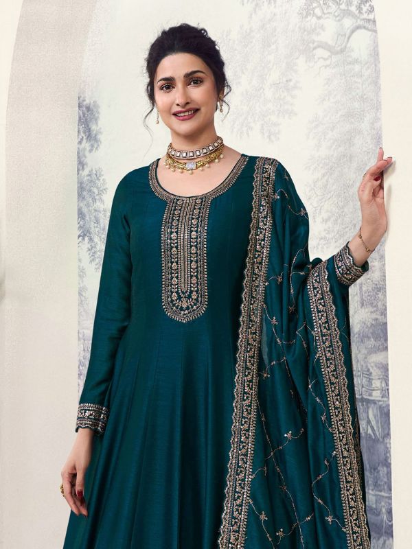 Teal Green Anarkali Styled Zari Work Embellished Salwar Kameez In Silk