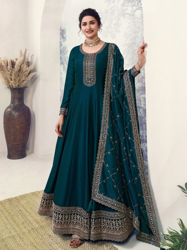 Teal Green Anarkali Styled Zari Work Embellished Salwar Kameez In Silk