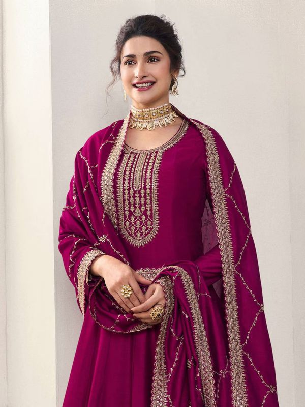 Magenta Zari Work Enhanced Salwar Kameez In Anarkali Style