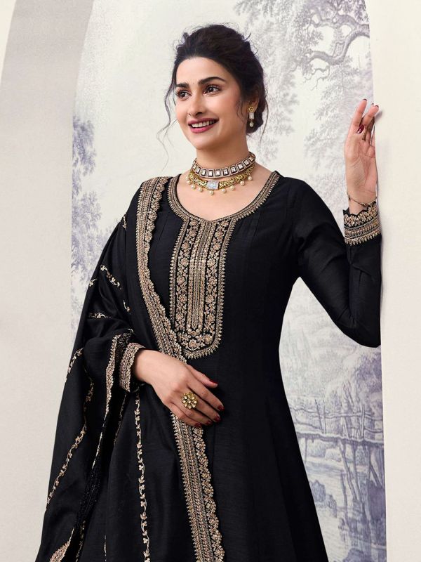 Black Zari Embellished Salwar Kameez In Silk With Anarkali Style