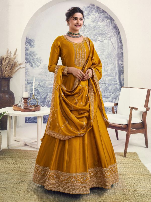 Dark Yellow Anarkali Style Salwar Kameez In Zari Embellishment