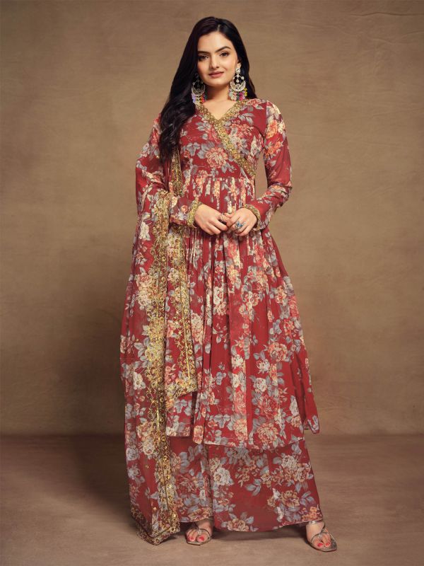 Rust Red Anarkali Salwar Suit In Chiffon With Floral Print