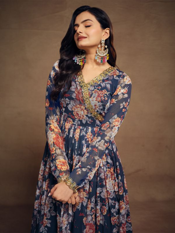 Blue Floral Printed Anarkali Suit In Chiffon With Palazzo 