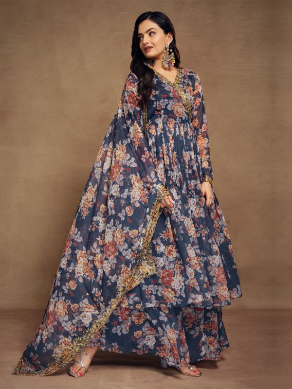 Blue Floral Printed Anarkali Suit In Chiffon With Palazzo 