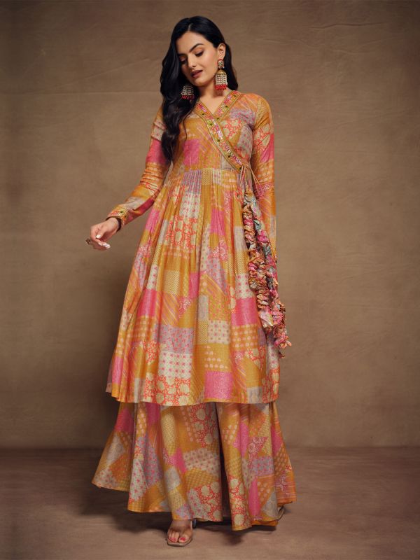 Multicolor Chiffon Salwar Kameez In Anarkali Style With Palazzo