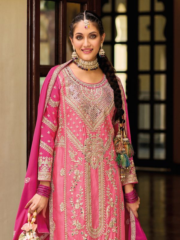 Pink Palazzo Style Embroidered Salwar Suit In Chinon Silk