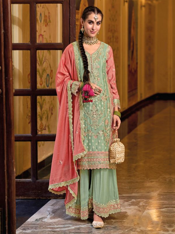 Pista Green Chinon Silk Stone Embroidered Salwar Kameez With Palazzo