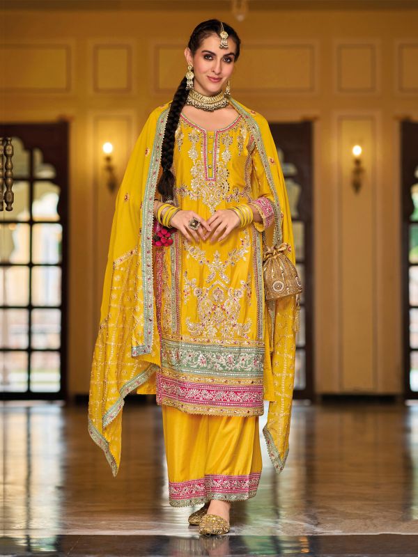 Yellow Mirror Embellished Palazzo Styled Salwar Kameez In Chinon Silk