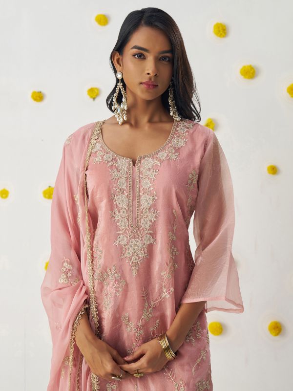 Peach Thread Work Readymade Pant Style Salwar Suit