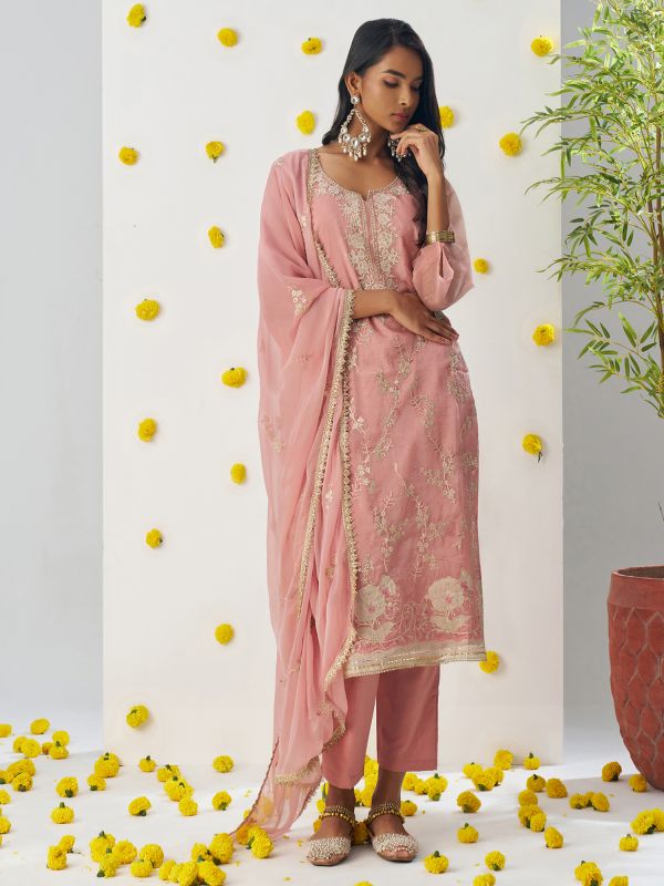 Peach Thread Work Readymade Pant Style Salwar Suit