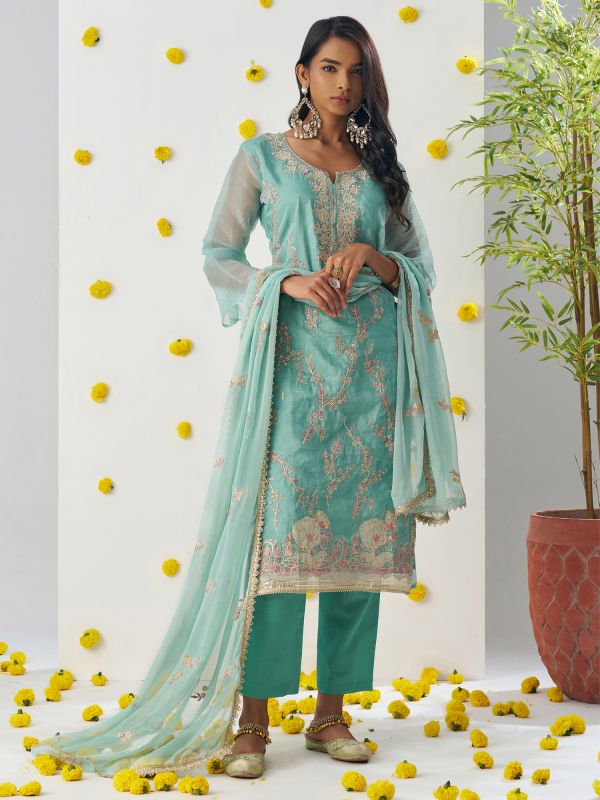 Turquoise Readymade Festive Pant Style Salwar Kameez