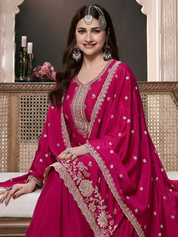 Rani Pink Embroidered Salwar Suit With Palazzo Style