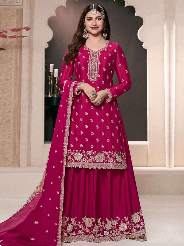 Rani Pink Embroidered Salwar Suit With Palazzo Style