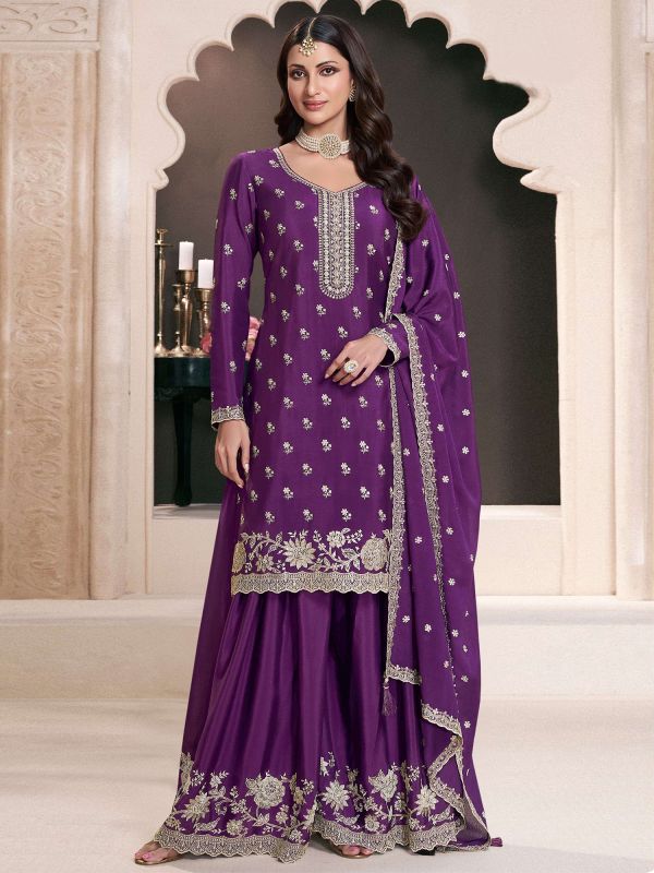 Luxury Purple Sequins Work Party Wear Salwar Kameez