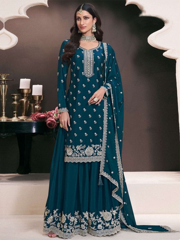 Teal Blue Zari Work Enhanced Palazzo Suit Set