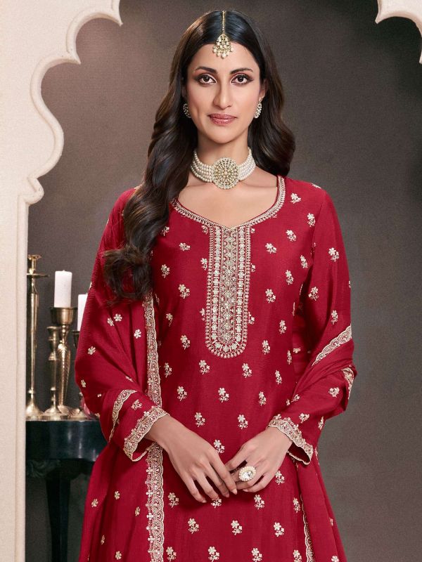 Crimson Red Silk Palazzo Style Salwar Kameez