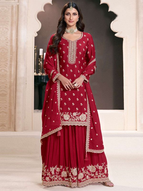 Crimson Red Silk Palazzo Style Salwar Kameez
