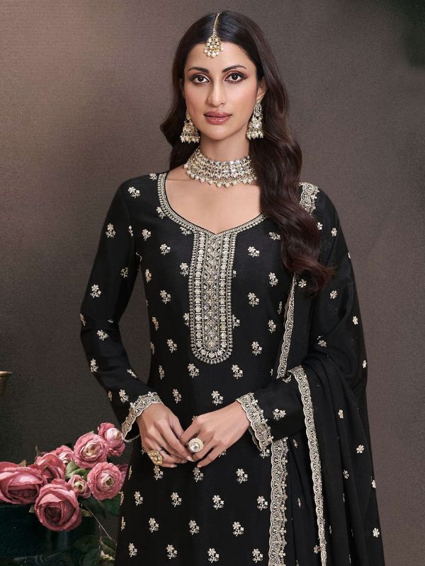 Black Palazzo Style Suit In Chinon Silk With Dupatta