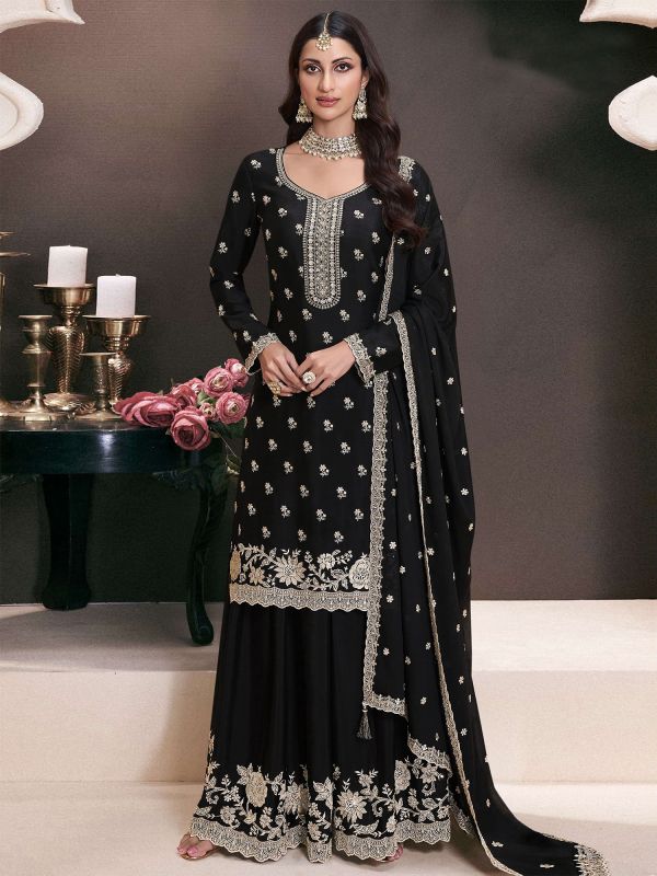 Black Palazzo Style Suit In Chinon Silk With Dupatta