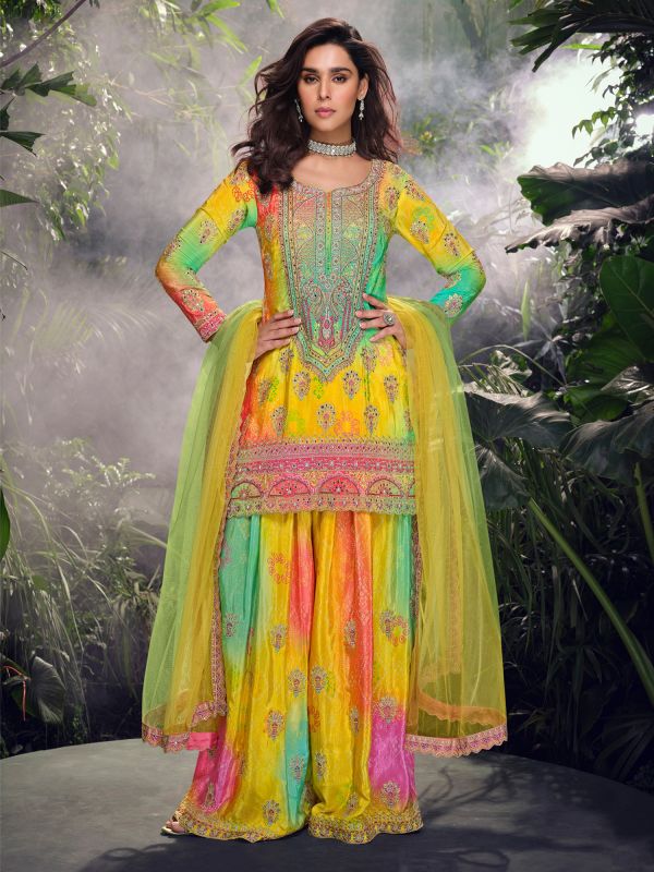 Multicolor Ombre Shaded Salwar Kameez In Bandhani Print