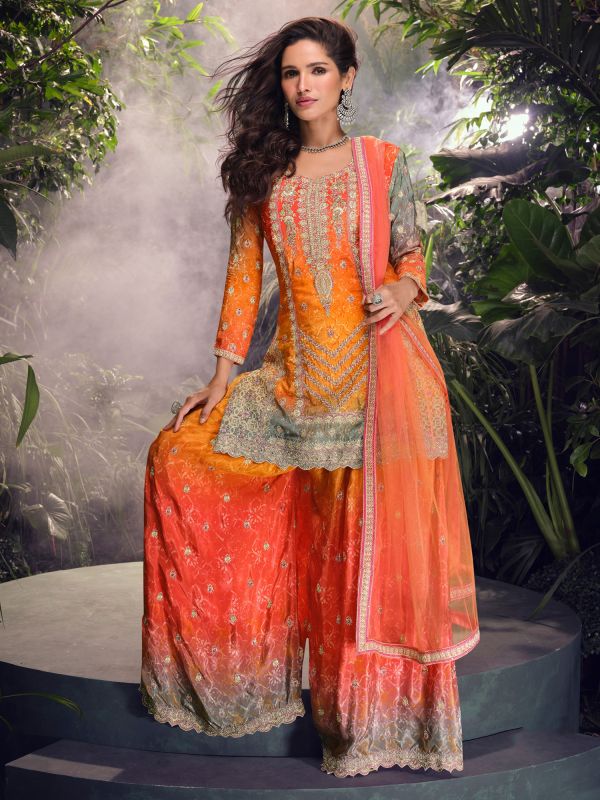 Orange And Yellow Shaded Palazzo Suit In Mirror Work