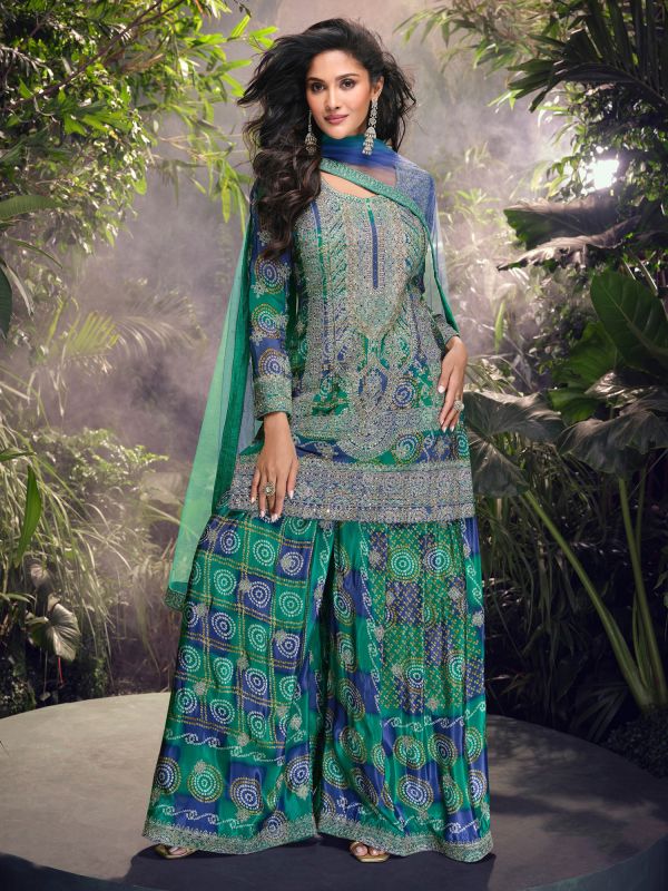 Green And Blue Heavy Zari Embellished Salwar Suit Set