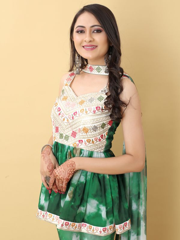 Green Georgette Sharara Suit With Flare Kameez