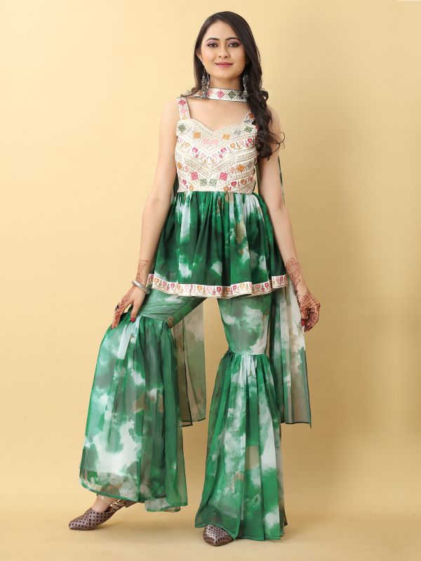 Green Georgette Sharara Suit With Flare Kameez