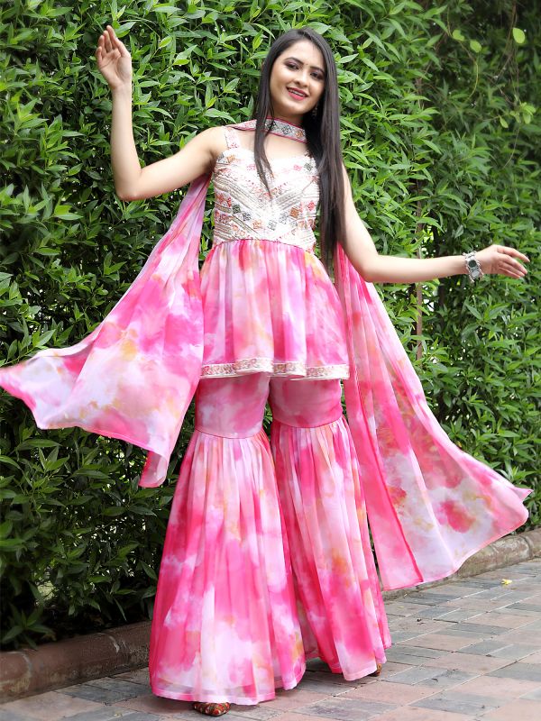 Pink Readymade Salwar Kameez In Sharara Style