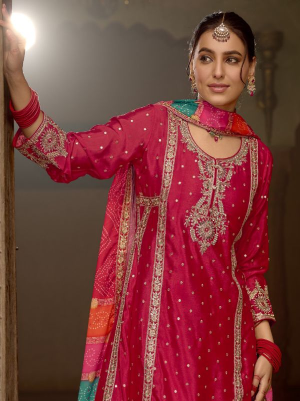 Pink Mirror Work Palazzo Suit With Flare Kameez