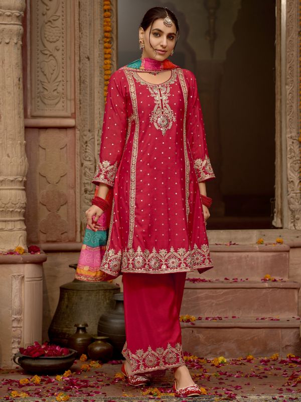 Pink Mirror Work Palazzo Suit With Flare Kameez