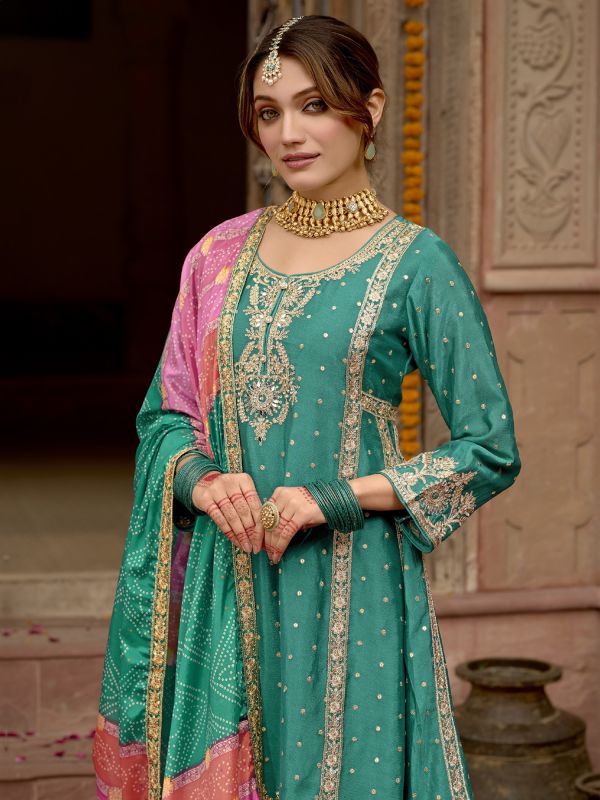 Green Readymade Salwar Suit With Bandhej Printed Dupatta