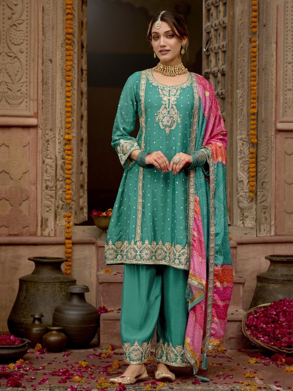 Green Readymade Salwar Suit With Bandhej Printed Dupatta