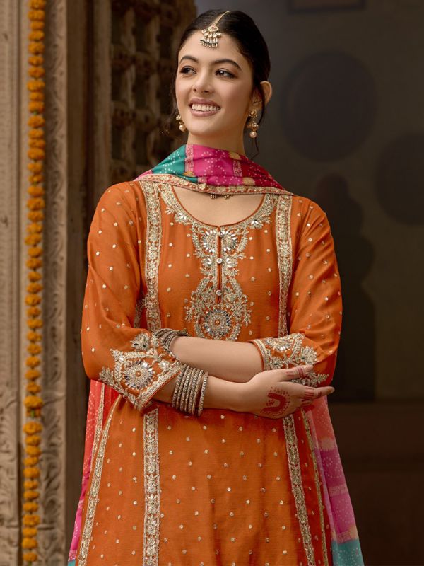 Orange Palazzo Style Kameez In Mirror Embellishments