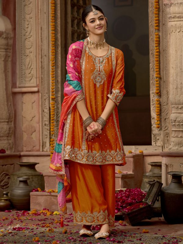 Orange Palazzo Style Kameez In Mirror Embellishments