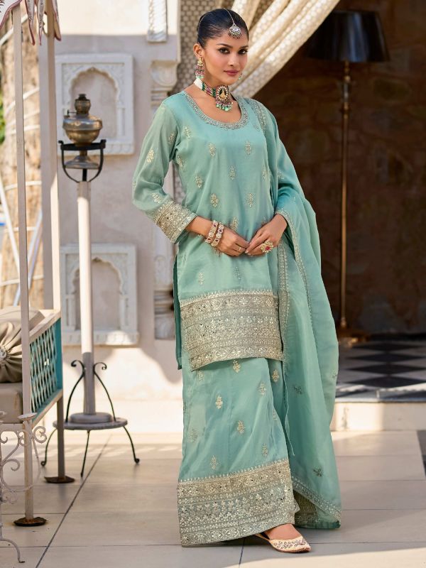 Light Turquoise Silvar Zari Embroidered Salwar Kameez