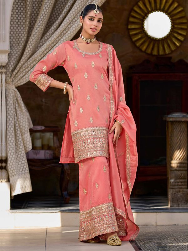 Peach Mirror Work Readymade Palazzo Salwar Suit