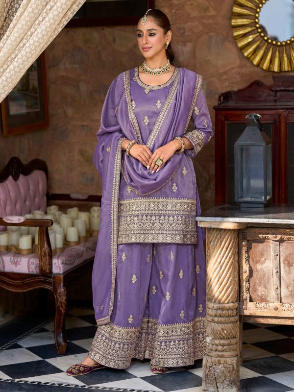 Heather Purple Palazzo Style Suit In Heavy Embroidery