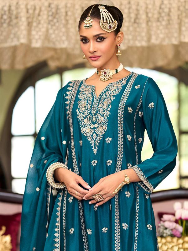 Teal Blue Readymade Anarkali Style Salwar Suit