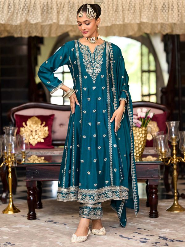 Teal Blue Readymade Anarkali Style Salwar Suit