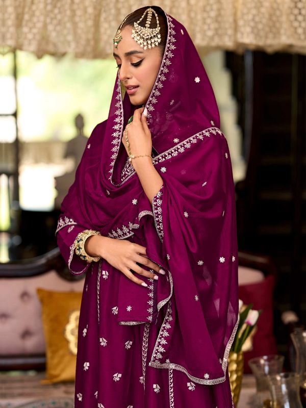Wine Pakistani Style Readymade Salwar Kameez